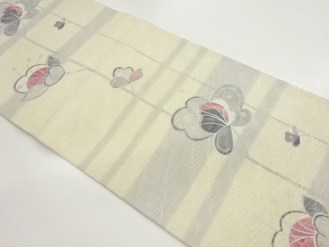 銀彩手描き纐纈抽象花葉模様全通袋帯